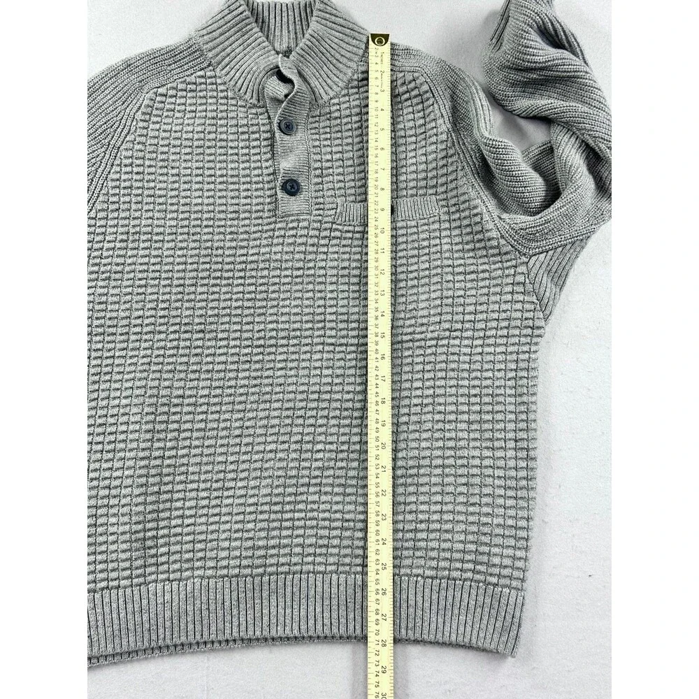 Duluth Burly Retirement Button Mock Sweater Men's Gray Pullover Heavy Waffle